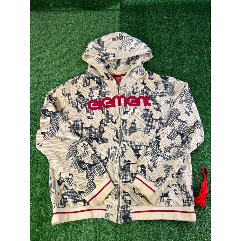 Element Skateboards Y2K Men XL Full Zip Hoodie Abstract Graphic Logo Cream Heavy